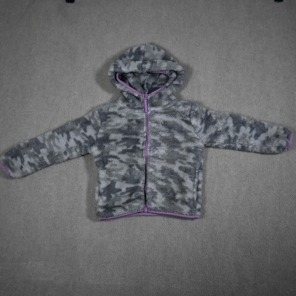 Outdoor Kids Toddler 2T Gray Fleece Jacket Hoodie Zip Up Purple Trim